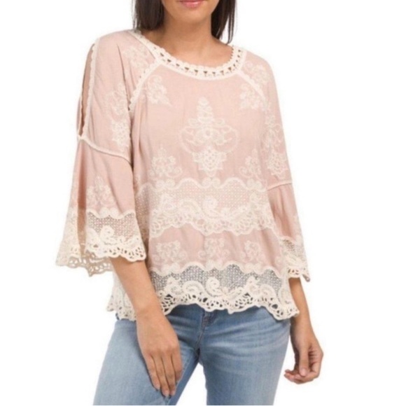 Democracy Pink Embroidered Lace-Trim Blouse - Picture 2 of 4